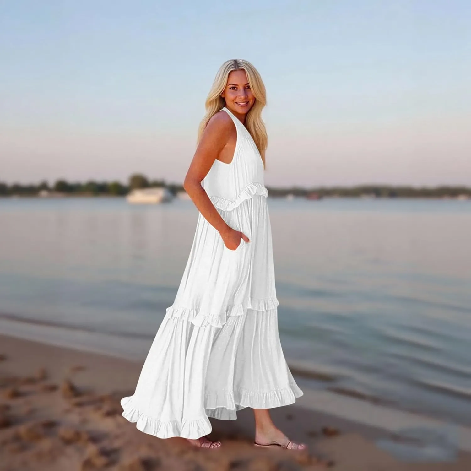 Plus Size Dresses for Curvy Women Summer Casual V-Neck Smocked Maxi Dress Loose Flowy Ruffle Sundress with Pockets