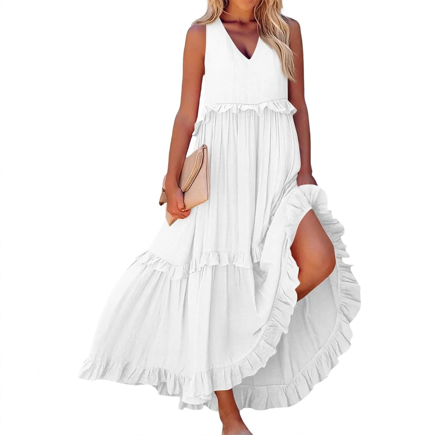 Plus Size Dresses for Curvy Women Summer Casual V-Neck Smocked Maxi Dress Loose Flowy Ruffle Sundress with Pockets
