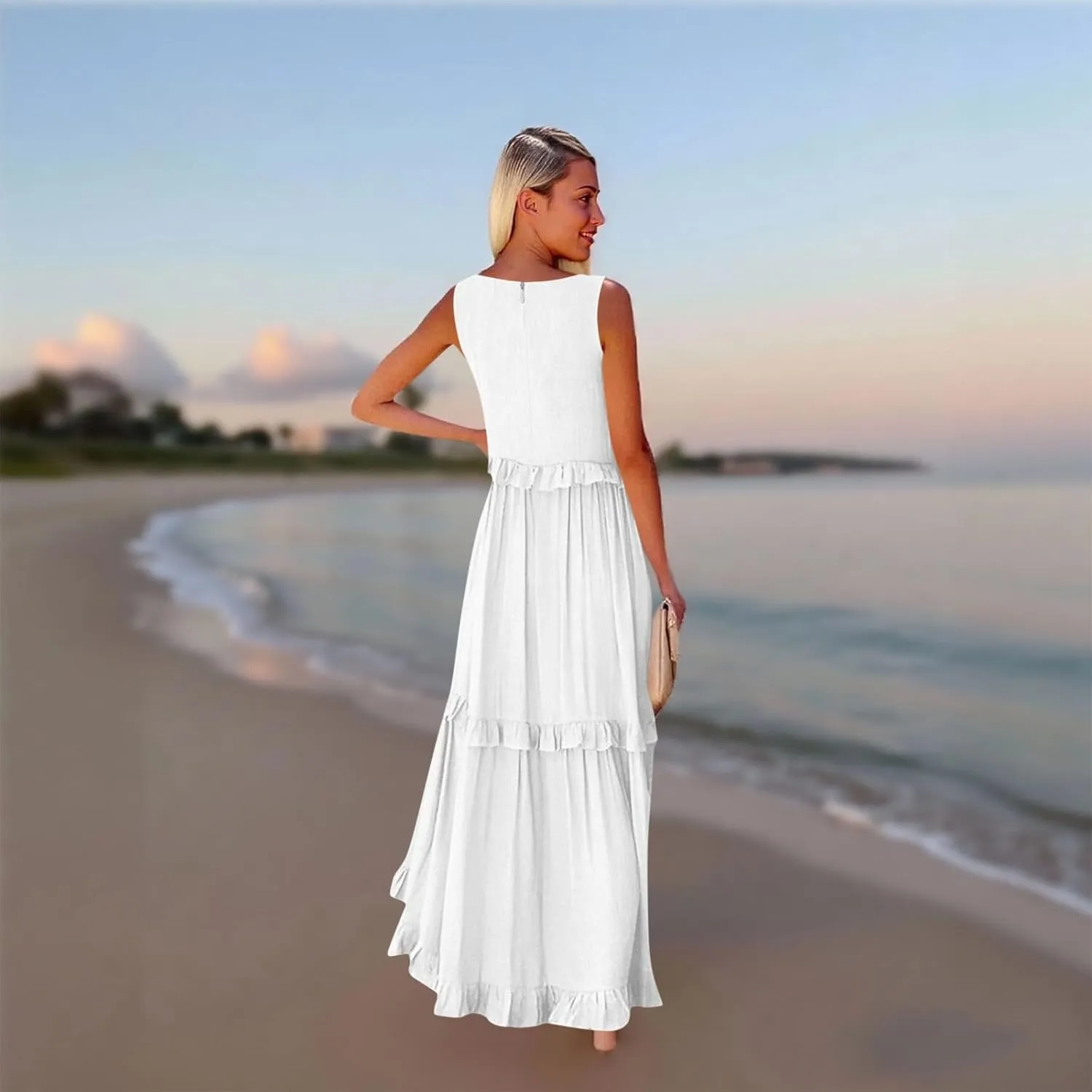 Plus Size Dresses for Curvy Women Summer Casual V-Neck Smocked Maxi Dress Loose Flowy Ruffle Sundress with Pockets