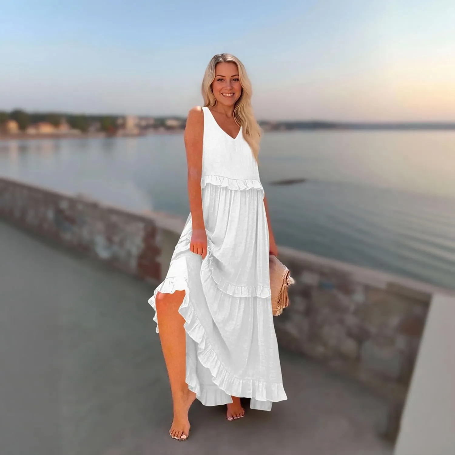 Plus Size Dresses for Curvy Women Summer Casual V-Neck Smocked Maxi Dress Loose Flowy Ruffle Sundress with Pockets