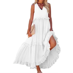 Plus Size Dresses for Curvy Women Summer Casual V-Neck Smocked Maxi Dress Loose Flowy Ruffle Sundress with Pockets