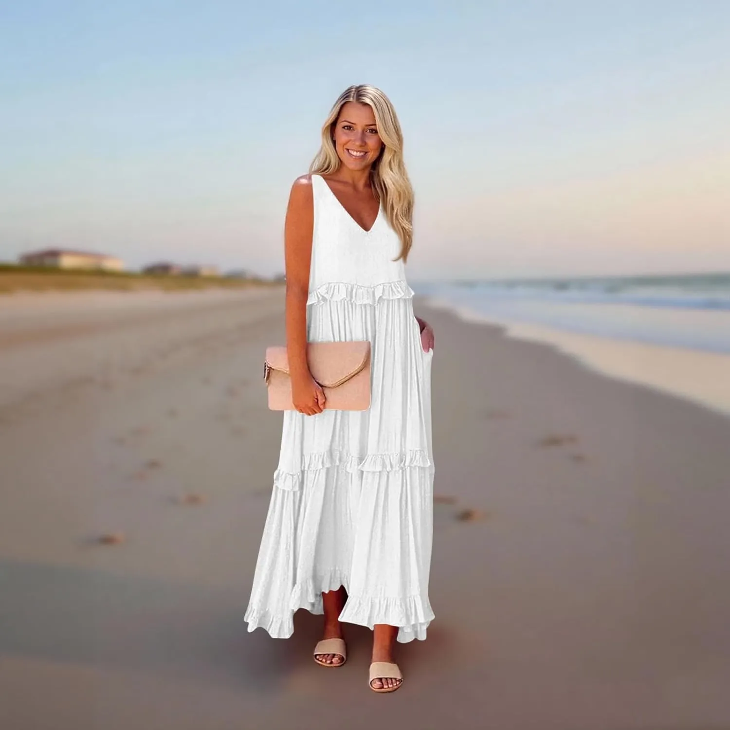 Plus Size Dresses for Curvy Women Summer Casual V-Neck Smocked Maxi Dress Loose Flowy Ruffle Sundress with Pockets