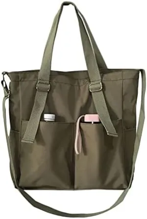 Pooyikoi Women Canvas Tote Bag Waterproof Nylon Multi Pocket Shoulder Bags Solid Crossbody Large Capacity Tote Shoulder Bags