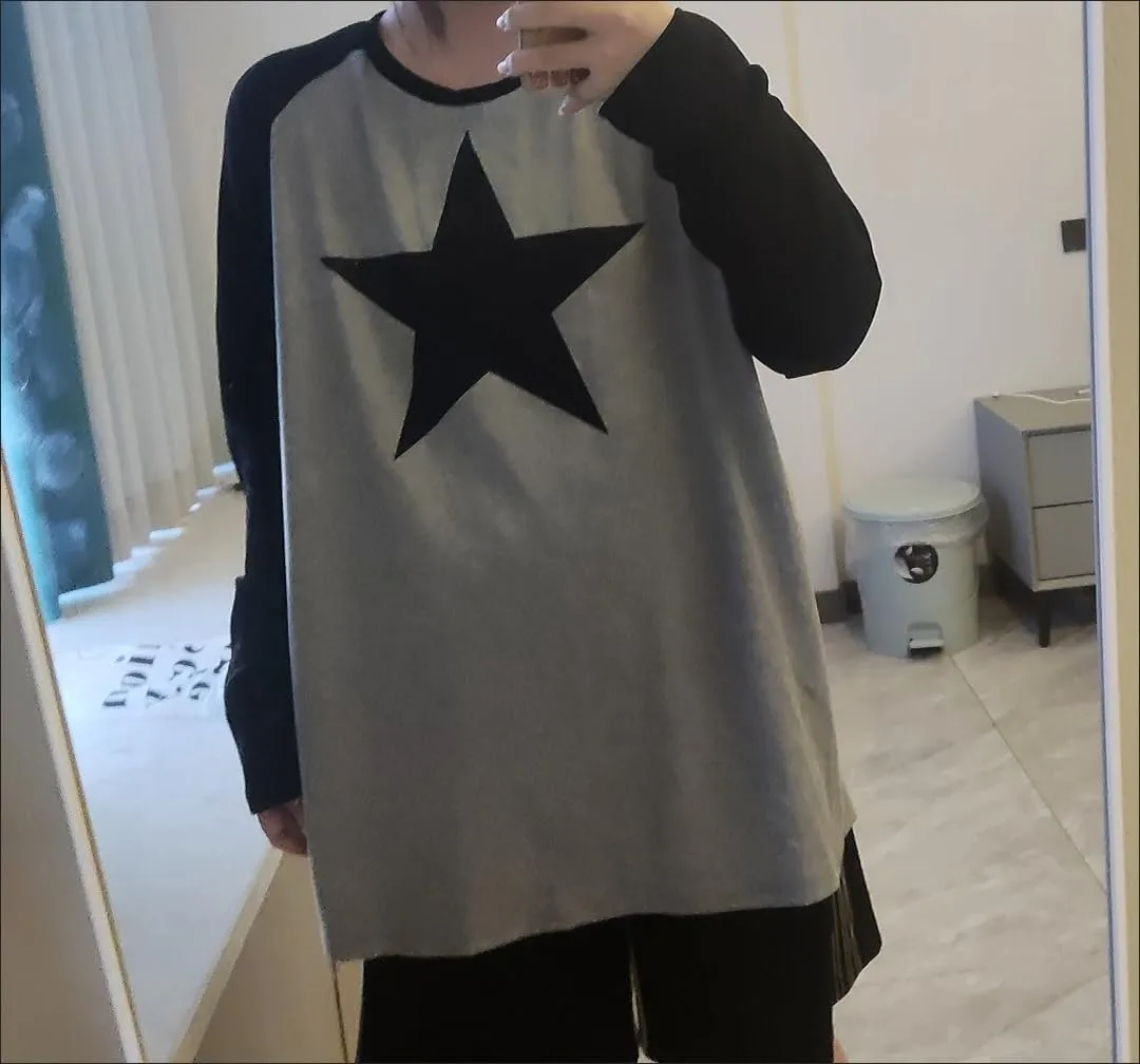 Pooyikoi Y2K Pullover T-Shirts Women Contrast Patchwork Grunge Harajuku Clothes Full Sleeve Preppy Long Sweats Tops