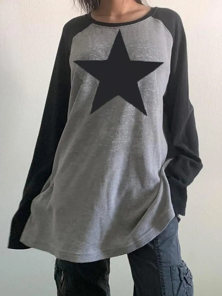 Pooyikoi Y2K Pullover T-Shirts Women Contrast Patchwork Grunge Harajuku Clothes Full Sleeve Preppy Long Sweats Tops