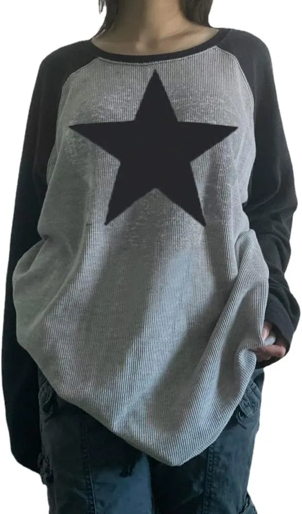 Pooyikoi Y2K Pullover T-Shirts Women Contrast Patchwork Grunge Harajuku Clothes Full Sleeve Preppy Long Sweats Tops