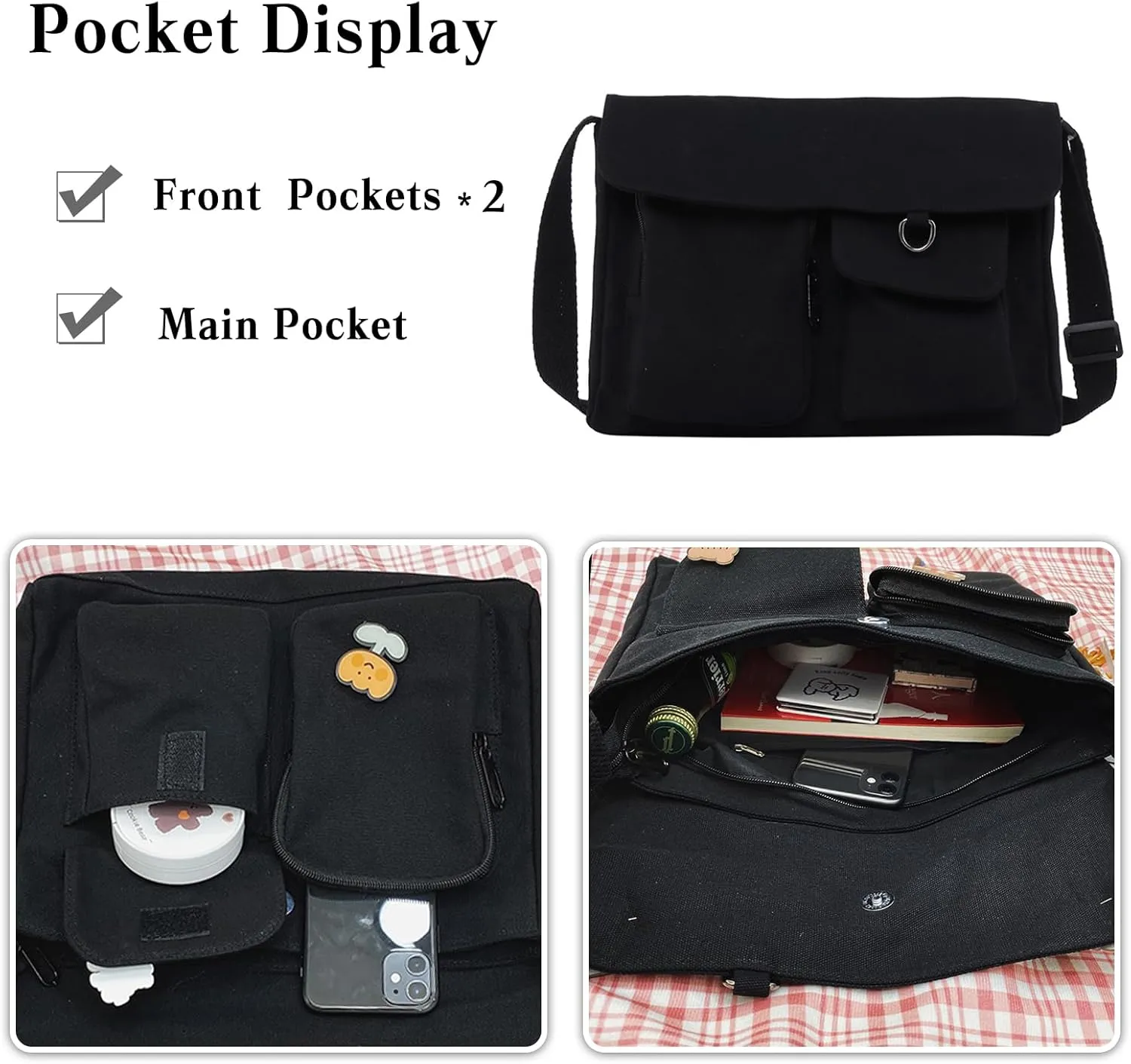 PORRASSO Casual Crossbody Bag Women Canvas Shoulder Bag Satchel Ladies Messenger Bag for Travel Daily Use Black