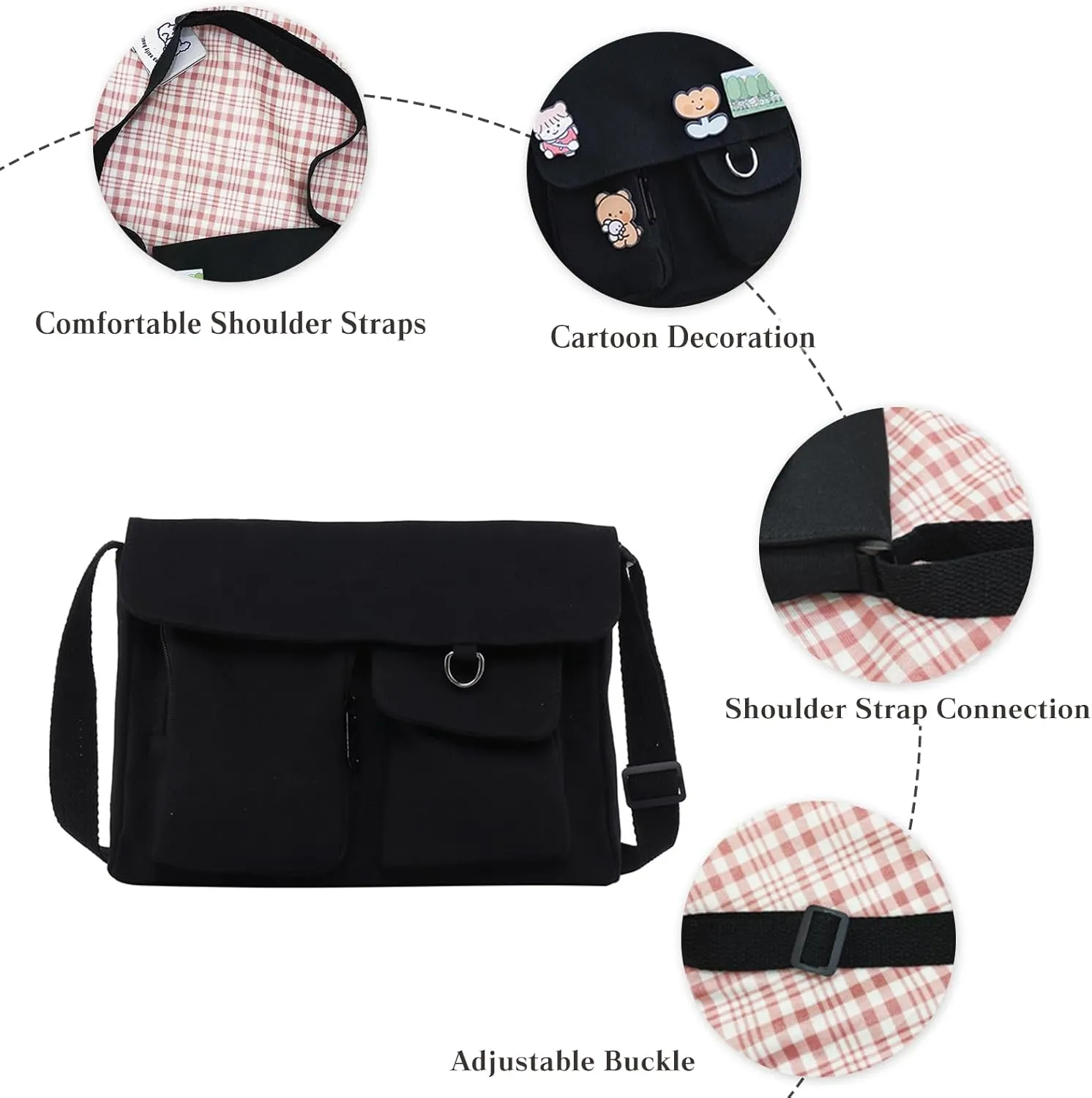PORRASSO Casual Crossbody Bag Women Canvas Shoulder Bag Satchel Ladies Messenger Bag for Travel Daily Use Black