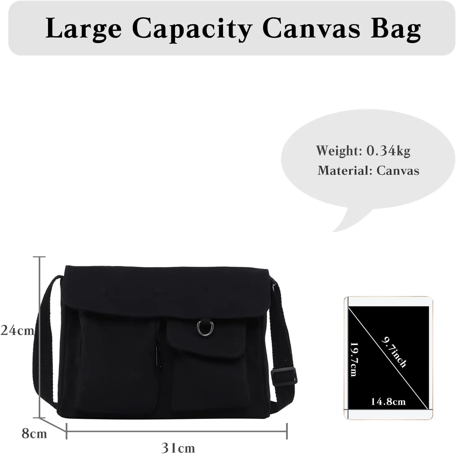 PORRASSO Casual Crossbody Bag Women Canvas Shoulder Bag Satchel Ladies Messenger Bag for Travel Daily Use Black