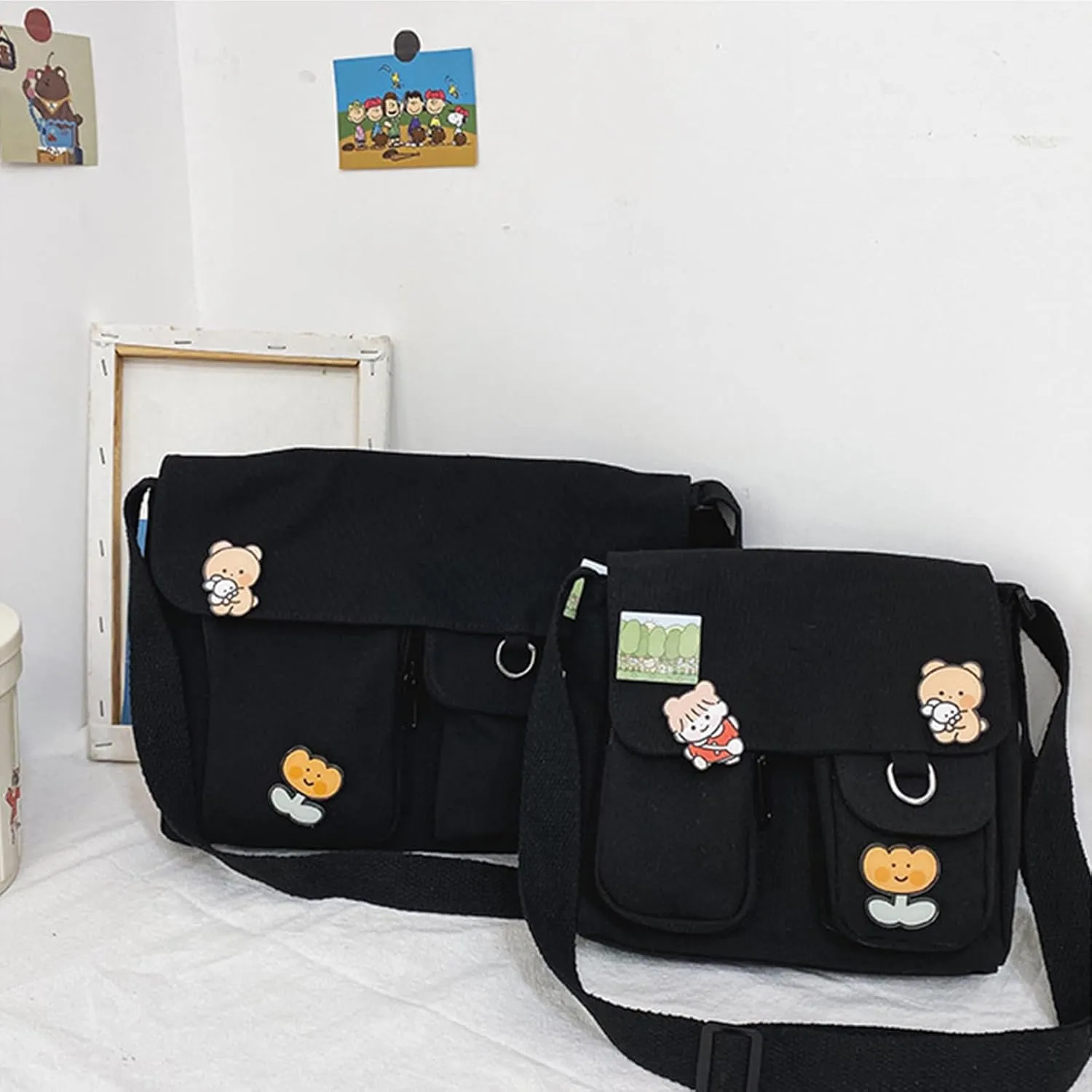 PORRASSO Casual Crossbody Bag Women Canvas Shoulder Bag Satchel Ladies Messenger Bag for Travel Daily Use Black