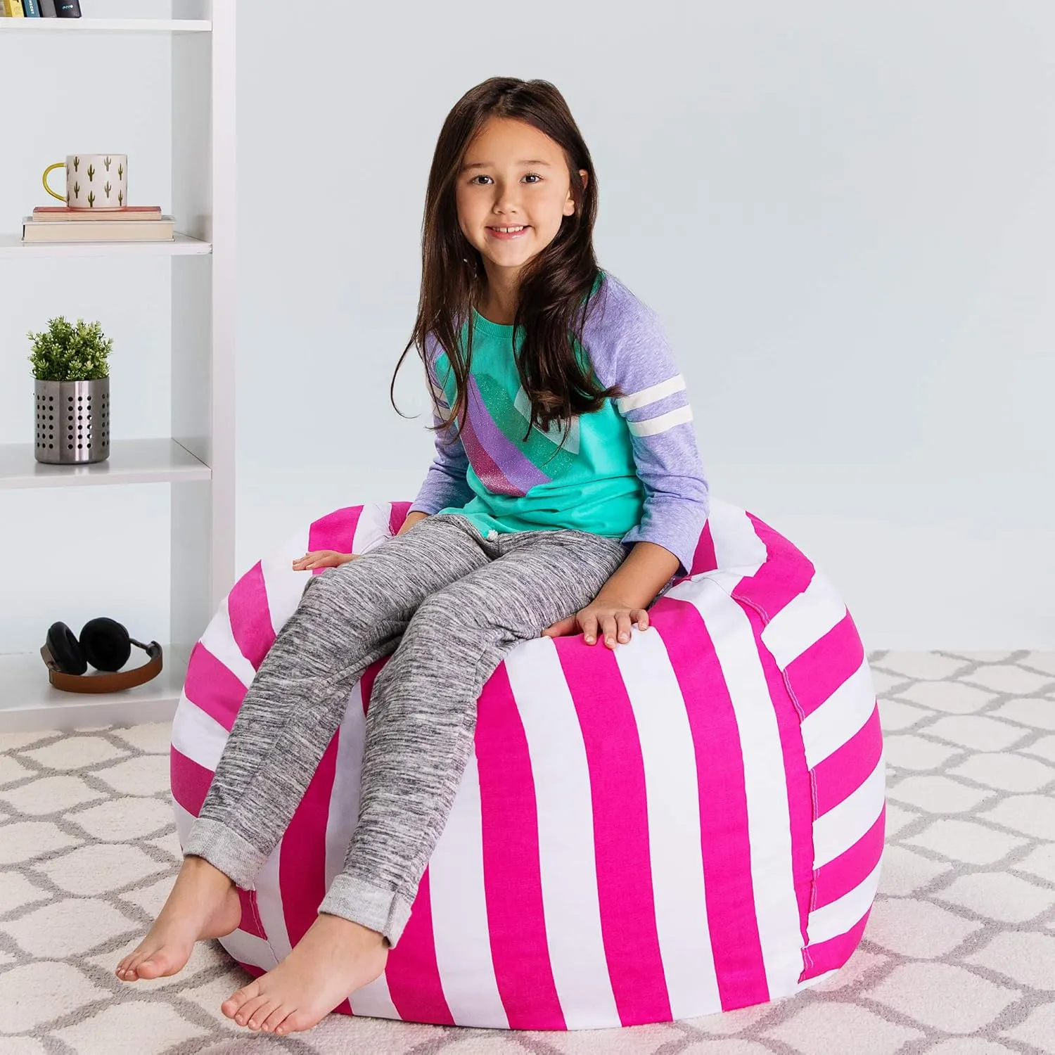Posh Stuffable Kids Stuffed Animal Storage Bean Bag Chair Cover - Childrens Toy Organizer, Large 38" - Canvas Stripes Pink and White