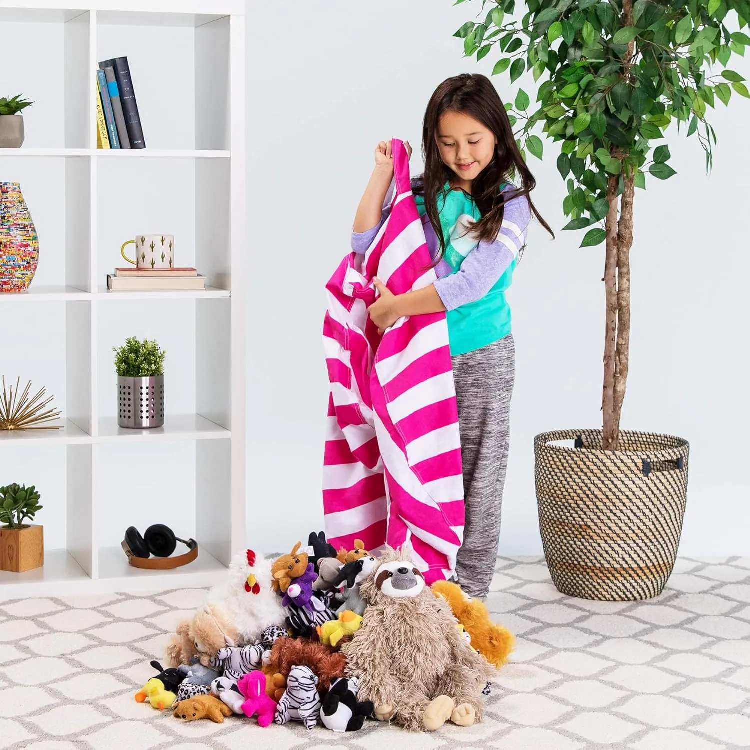 Posh Stuffable Kids Stuffed Animal Storage Bean Bag Chair Cover - Childrens Toy Organizer, Large 38" - Canvas Stripes Pink and White