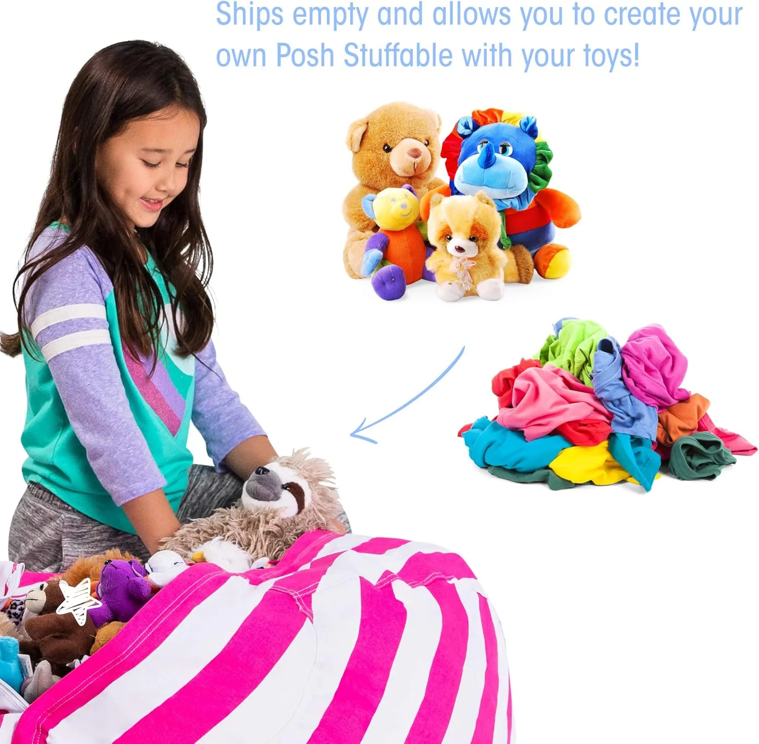 Posh Stuffable Kids Stuffed Animal Storage Bean Bag Chair Cover - Childrens Toy Organizer, Large 38" - Canvas Stripes Pink and White