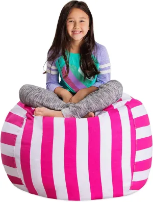 Posh Stuffable Kids Stuffed Animal Storage Bean Bag Chair Cover - Childrens Toy Organizer, Large 38" - Canvas Stripes Pink and White
