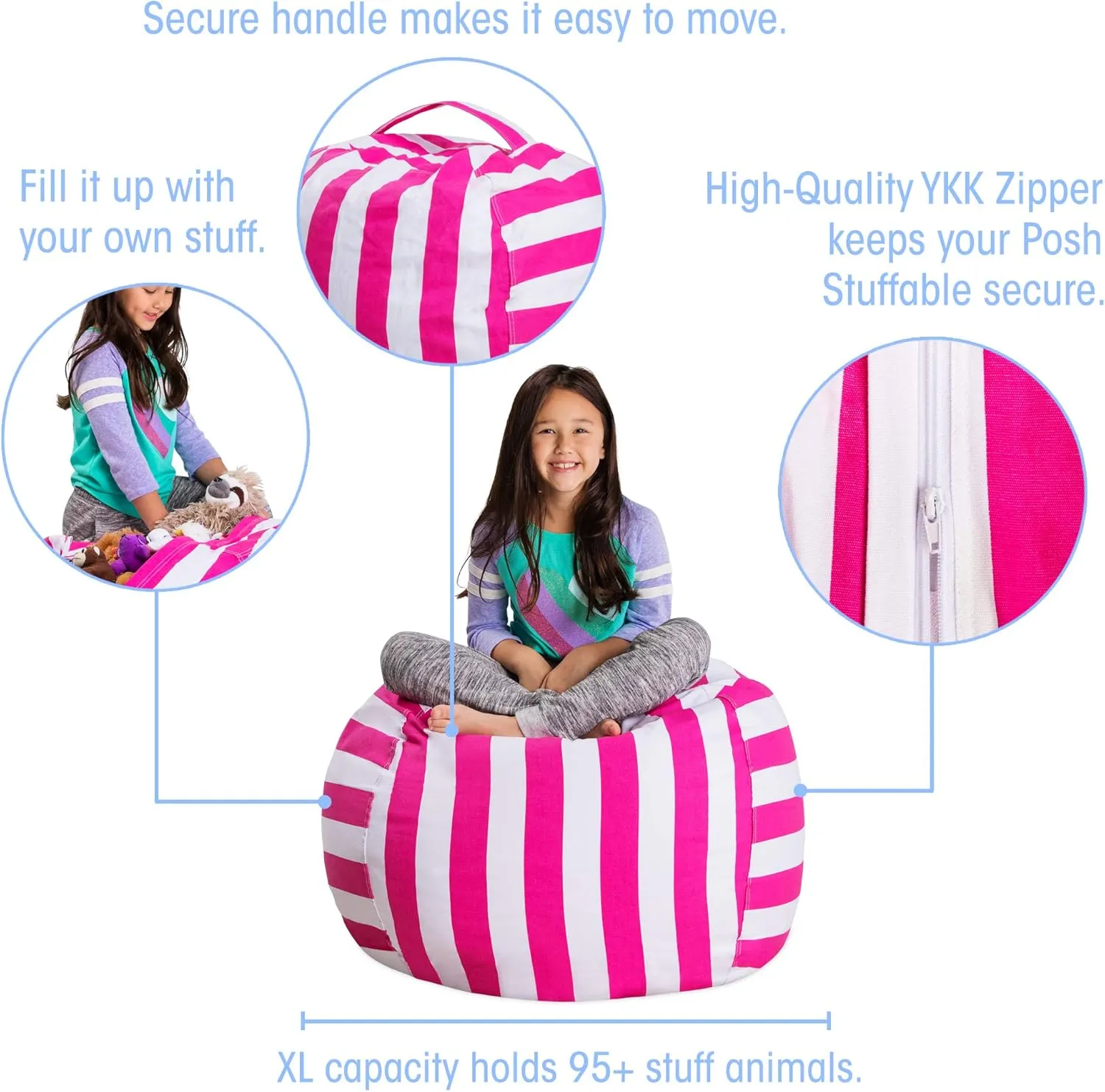Posh Stuffable Kids Stuffed Animal Storage Bean Bag Chair Cover - Childrens Toy Organizer, Large 38" - Canvas Stripes Pink and White