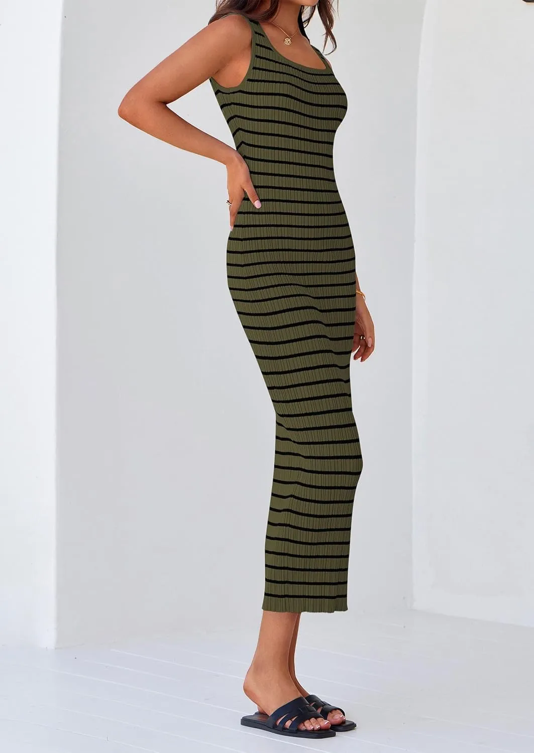 PRETTYGARDEN Beach Vacation Clothes for Women Summer 2025 Sleeveless Striped Ribbed Knit Bodycon Sundress Tank Dress