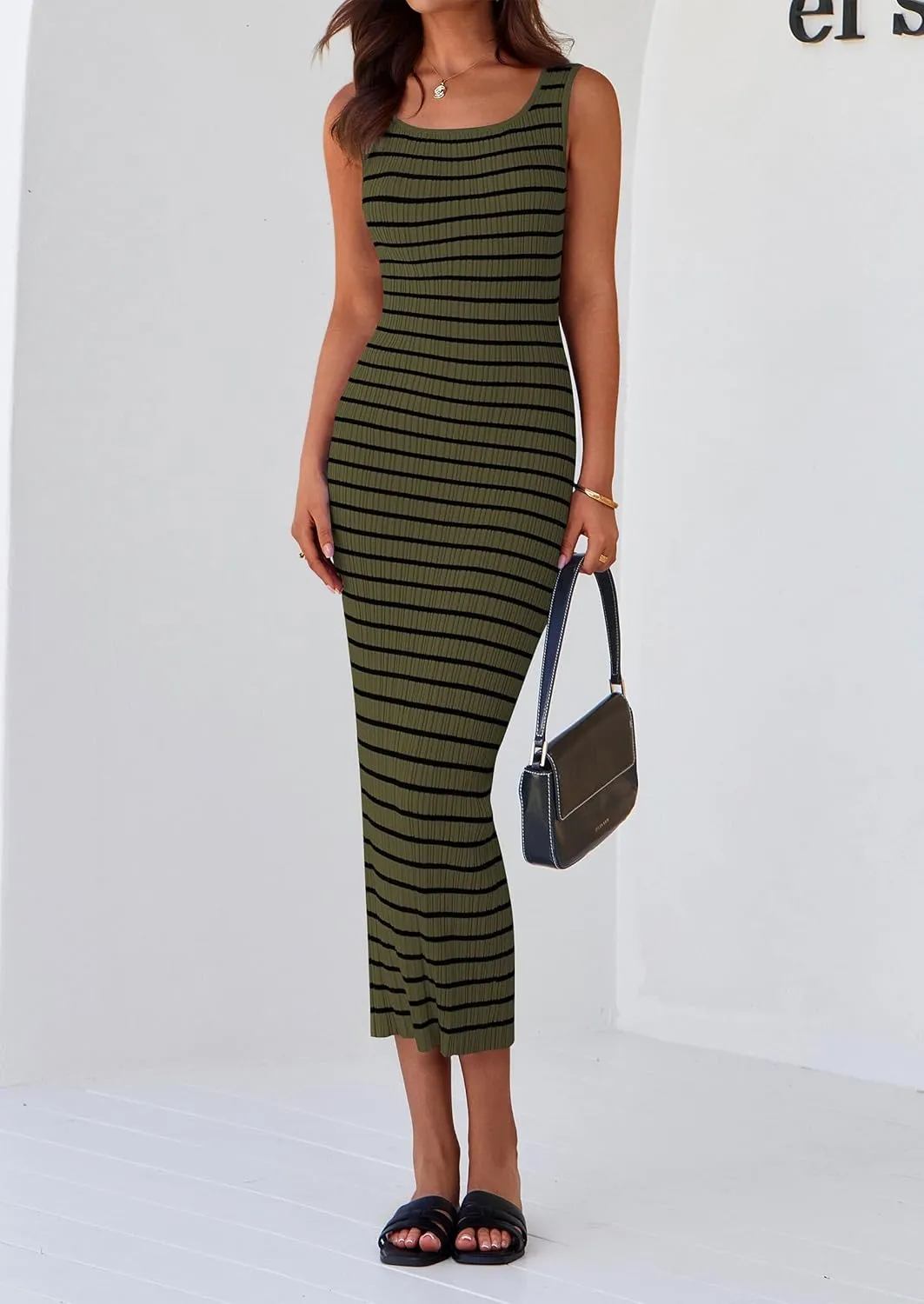 PRETTYGARDEN Beach Vacation Clothes for Women Summer 2025 Sleeveless Striped Ribbed Knit Bodycon Sundress Tank Dress