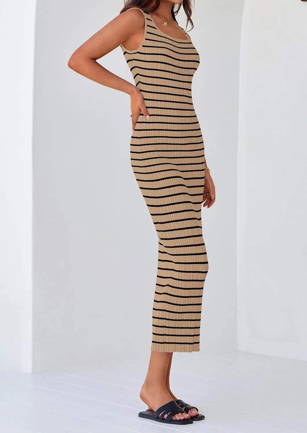 PRETTYGARDEN Beach Vacation Clothes for Women Summer 2025 Sleeveless Striped Ribbed Knit Bodycon Sundress Tank Dress