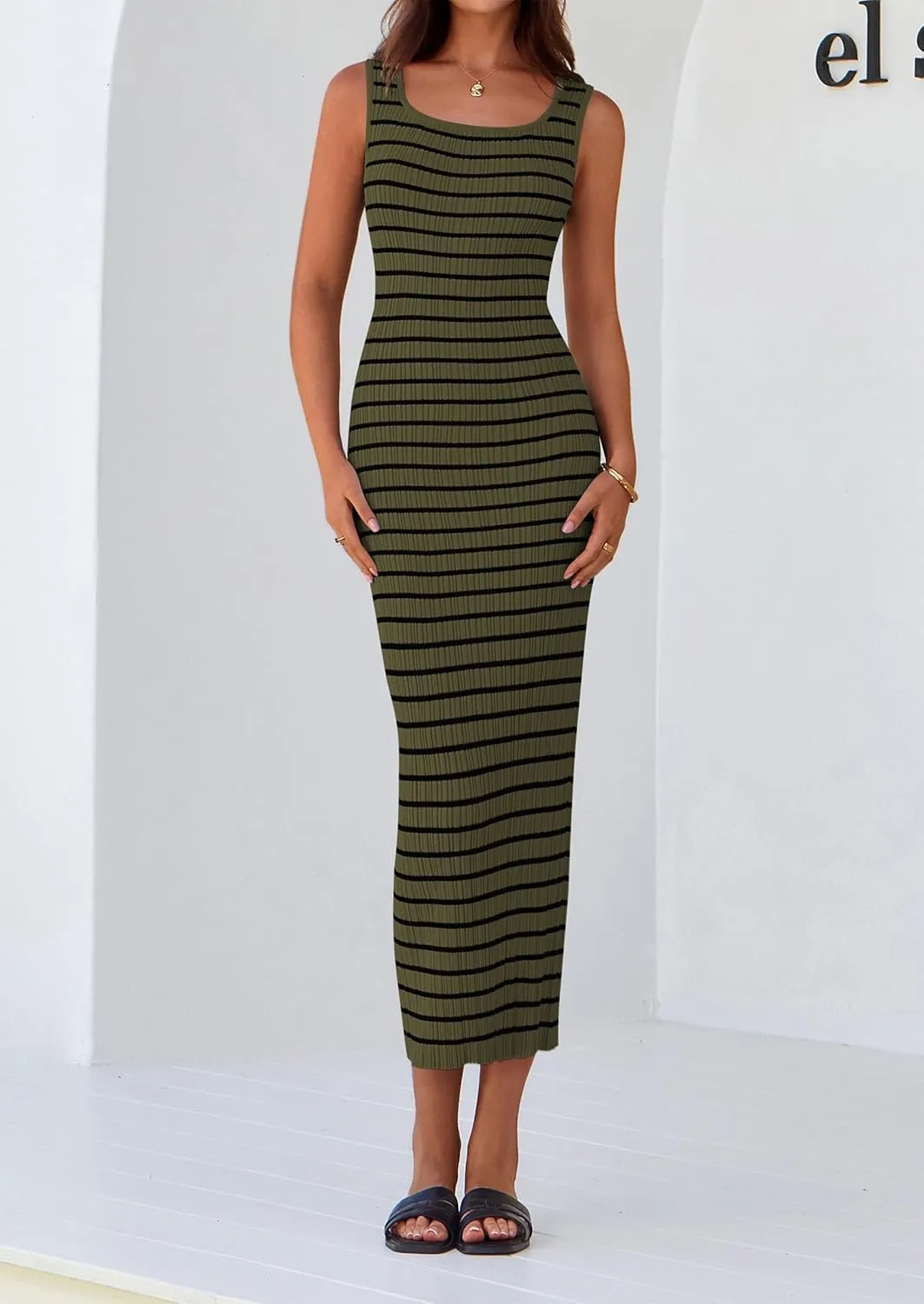 PRETTYGARDEN Beach Vacation Clothes for Women Summer 2025 Sleeveless Striped Ribbed Knit Bodycon Sundress Tank Dress