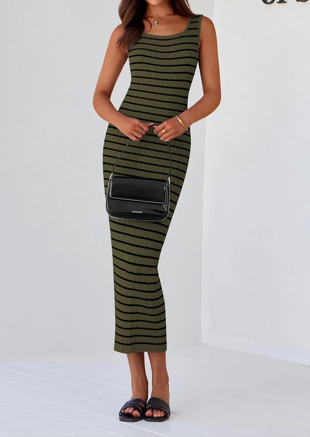 PRETTYGARDEN Beach Vacation Clothes for Women Summer 2025 Sleeveless Striped Ribbed Knit Bodycon Sundress Tank Dress