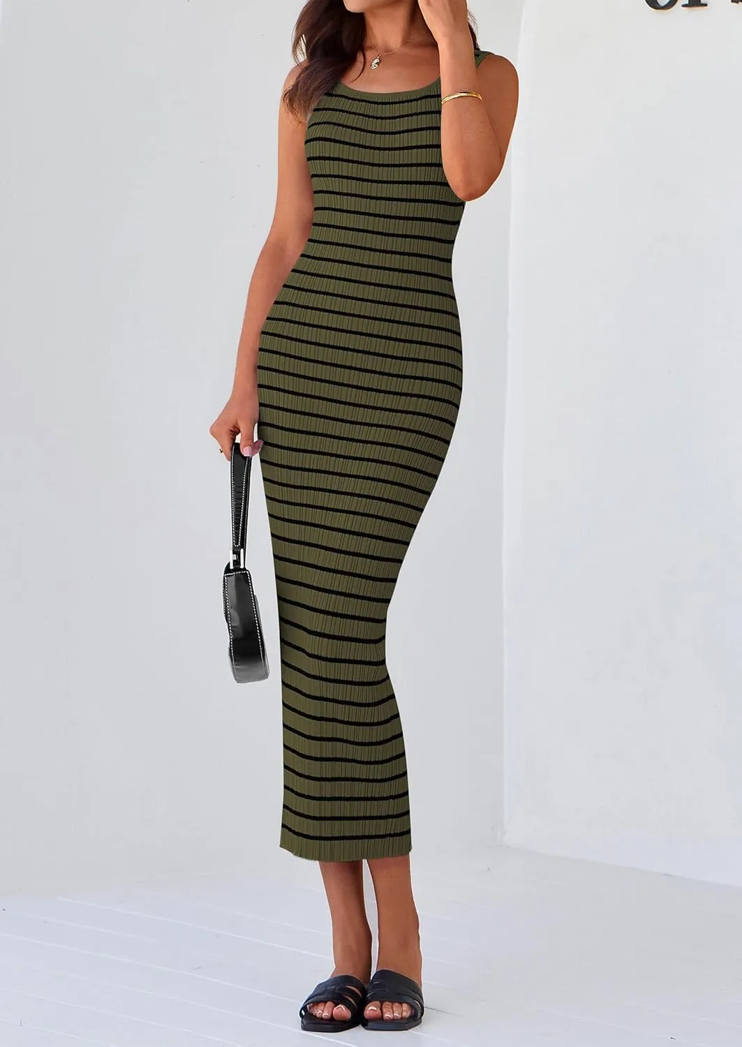 PRETTYGARDEN Beach Vacation Clothes for Women Summer 2025 Sleeveless Striped Ribbed Knit Bodycon Sundress Tank Dress