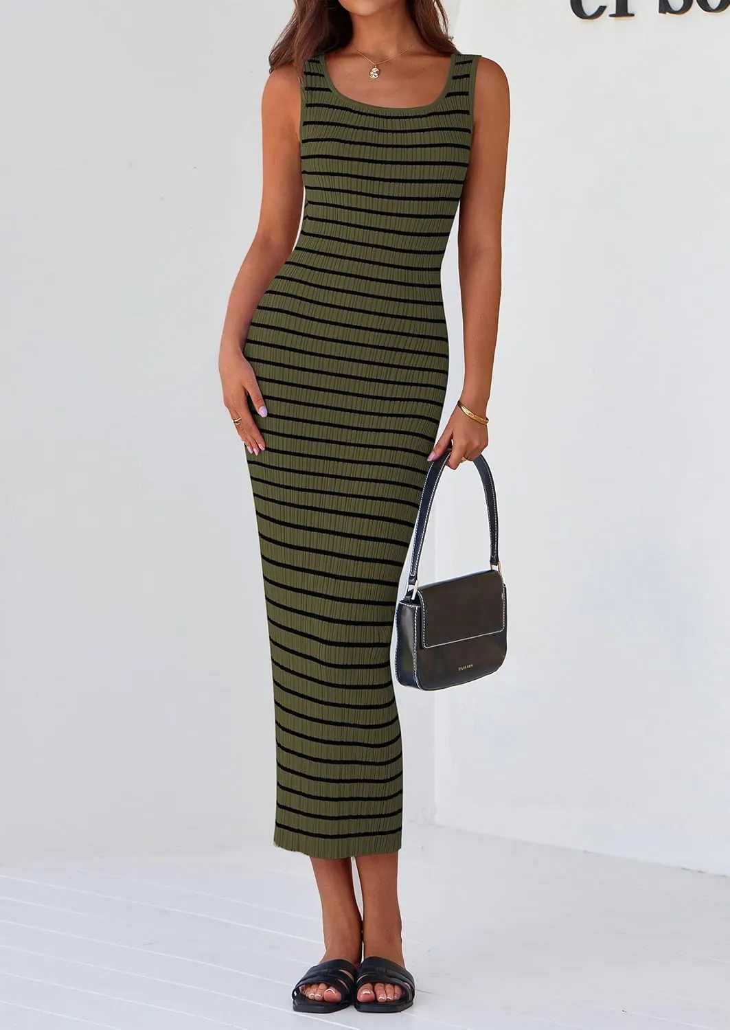 PRETTYGARDEN Beach Vacation Clothes for Women Summer 2025 Sleeveless Striped Ribbed Knit Bodycon Sundress Tank Dress
