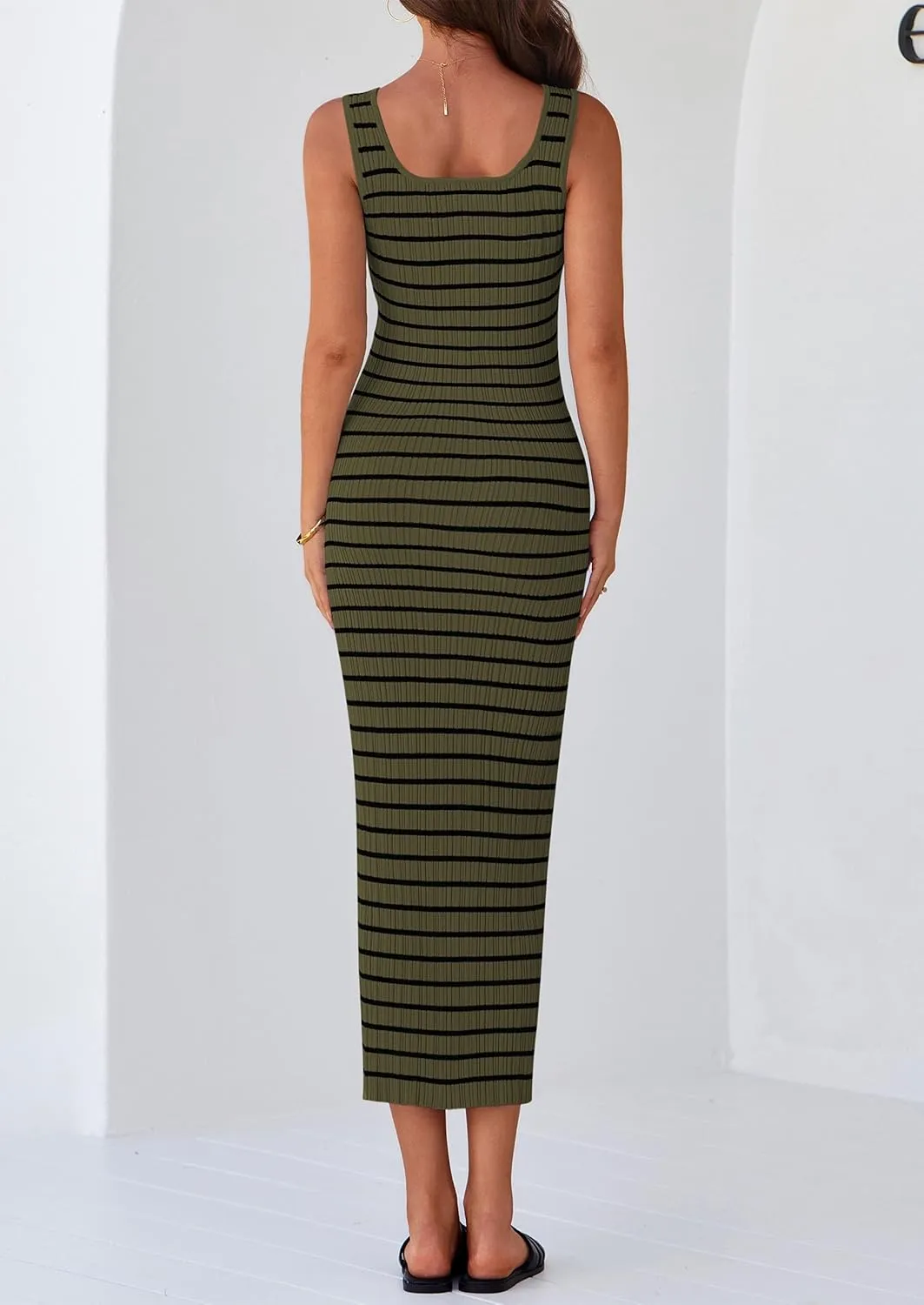 PRETTYGARDEN Beach Vacation Clothes for Women Summer 2025 Sleeveless Striped Ribbed Knit Bodycon Sundress Tank Dress