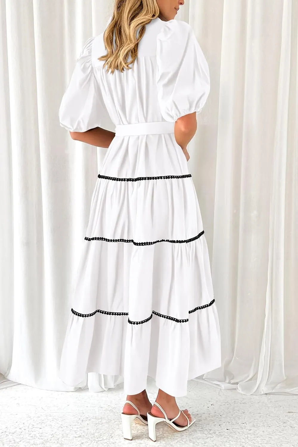PRETTYGARDEN Women's Summer Button Down Shirt Dress Short Puffy Sleeve Tiered Ruffle Flowy Long Maxi Dresses