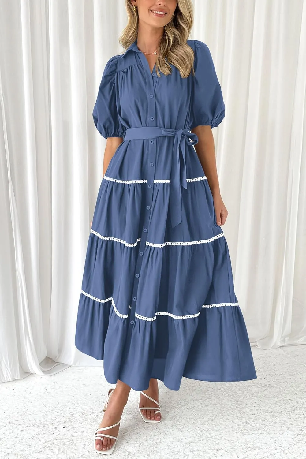 PRETTYGARDEN Women's Summer Button Down Shirt Dress Short Puffy Sleeve Tiered Ruffle Flowy Long Maxi Dresses
