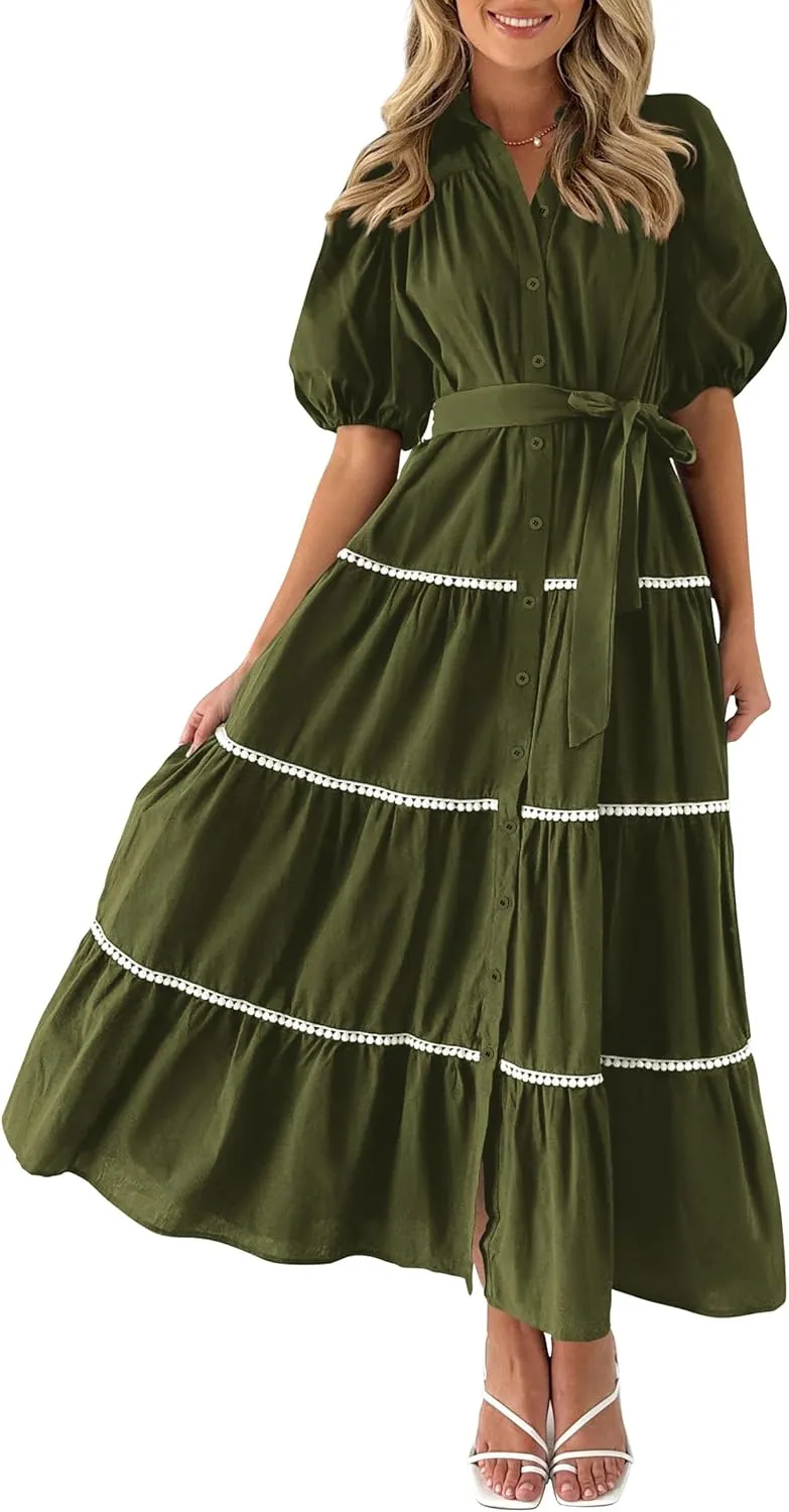 PRETTYGARDEN Women's Summer Button Down Shirt Dress Short Puffy Sleeve Tiered Ruffle Flowy Long Maxi Dresses