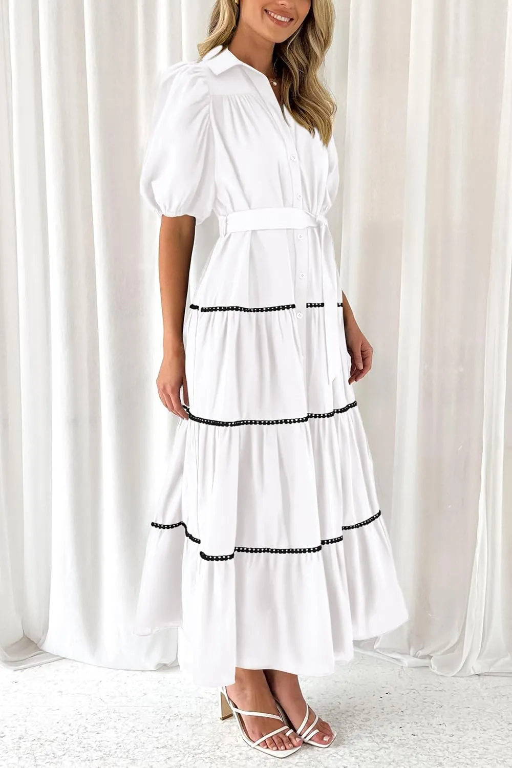 PRETTYGARDEN Women's Summer Button Down Shirt Dress Short Puffy Sleeve Tiered Ruffle Flowy Long Maxi Dresses
