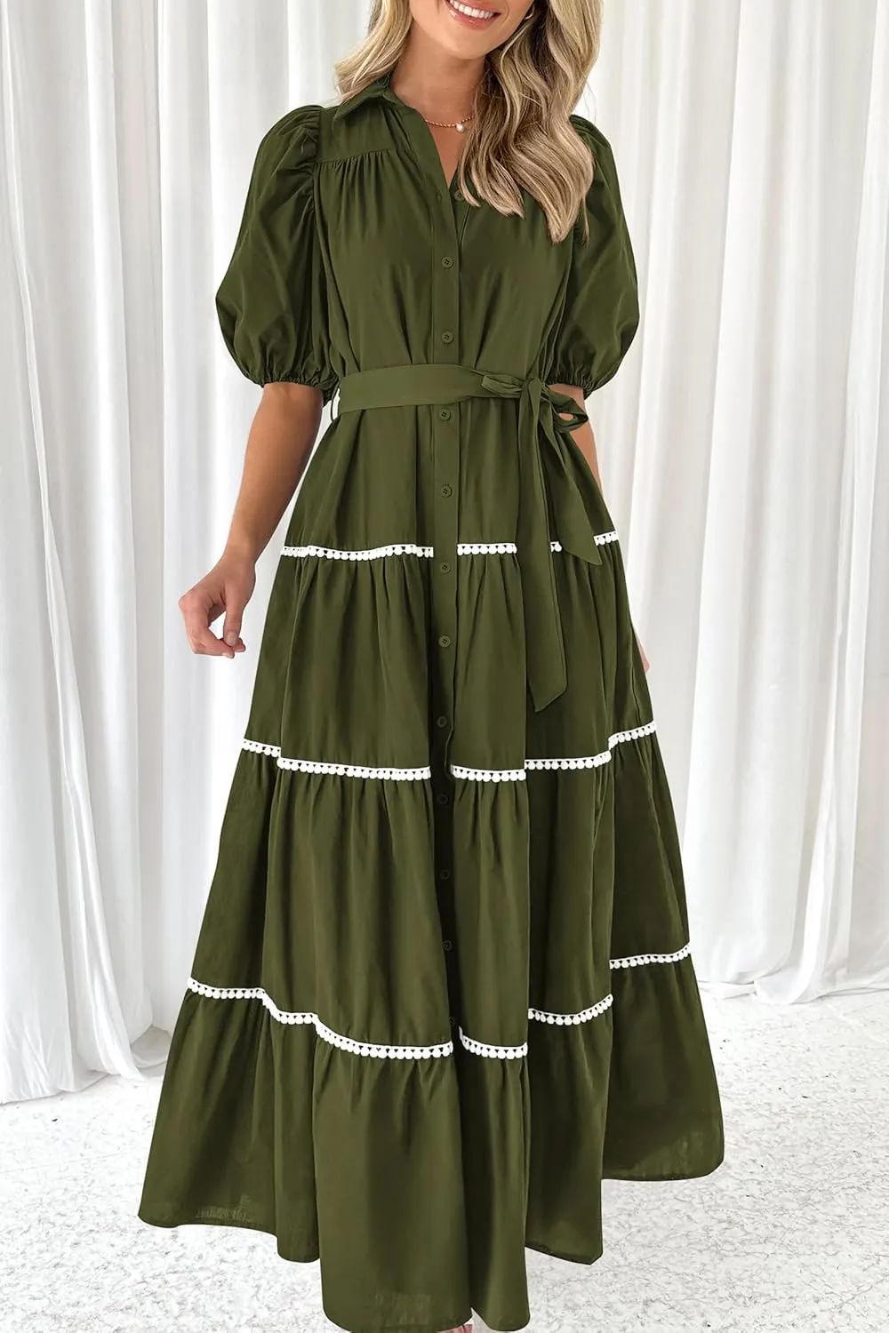 PRETTYGARDEN Women's Summer Button Down Shirt Dress Short Puffy Sleeve Tiered Ruffle Flowy Long Maxi Dresses
