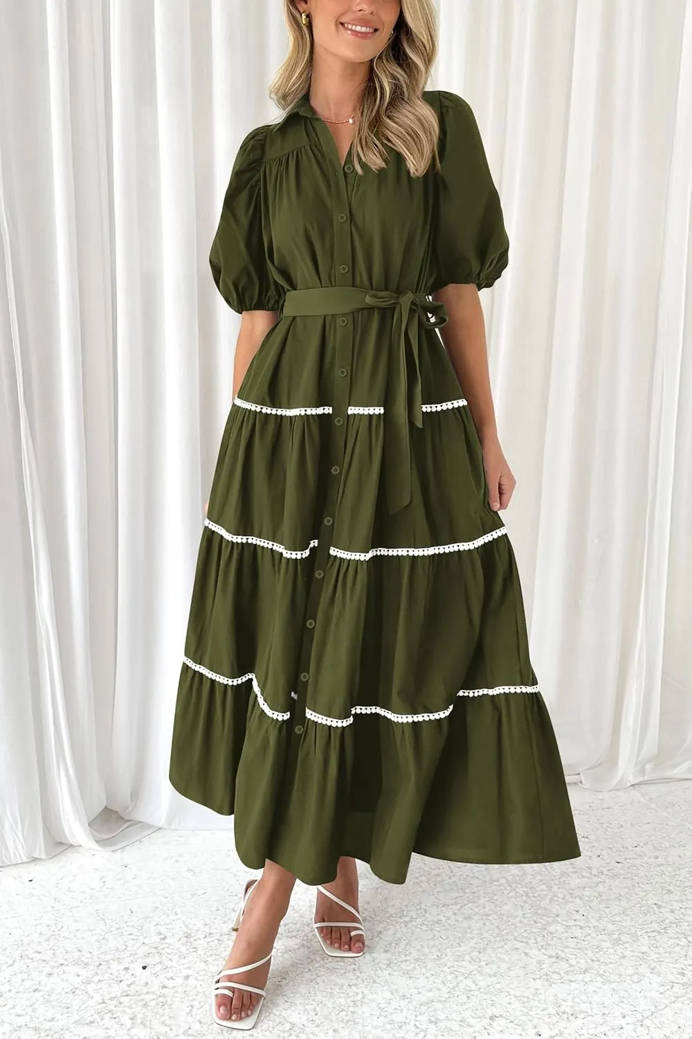 PRETTYGARDEN Women's Summer Button Down Shirt Dress Short Puffy Sleeve Tiered Ruffle Flowy Long Maxi Dresses