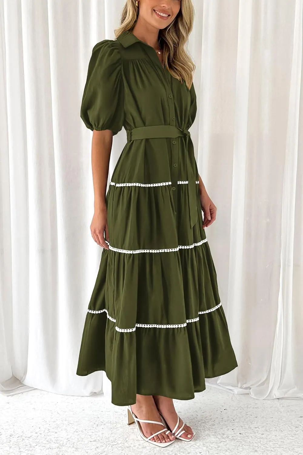 PRETTYGARDEN Women's Summer Button Down Shirt Dress Short Puffy Sleeve Tiered Ruffle Flowy Long Maxi Dresses