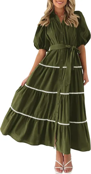 PRETTYGARDEN Women's Summer Button Down Shirt Dress Short Puffy Sleeve Tiered Ruffle Flowy Long Maxi Dresses