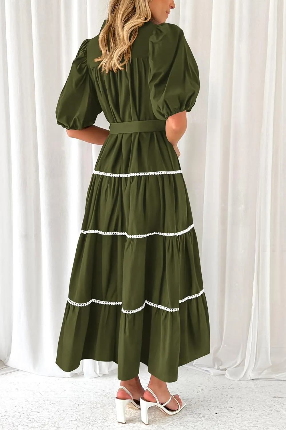 PRETTYGARDEN Women's Summer Button Down Shirt Dress Short Puffy Sleeve Tiered Ruffle Flowy Long Maxi Dresses
