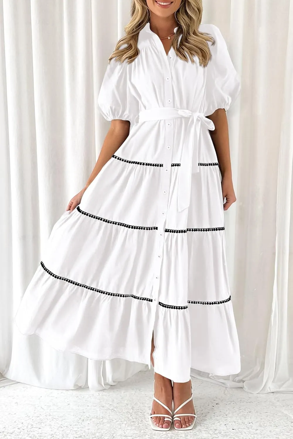 PRETTYGARDEN Women's Summer Button Down Shirt Dress Short Puffy Sleeve Tiered Ruffle Flowy Long Maxi Dresses