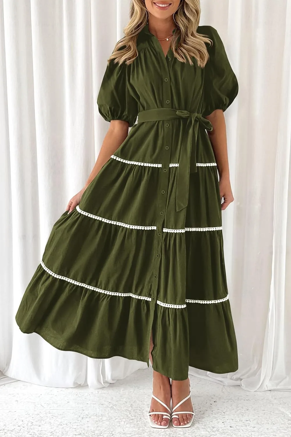 PRETTYGARDEN Women's Summer Button Down Shirt Dress Short Puffy Sleeve Tiered Ruffle Flowy Long Maxi Dresses