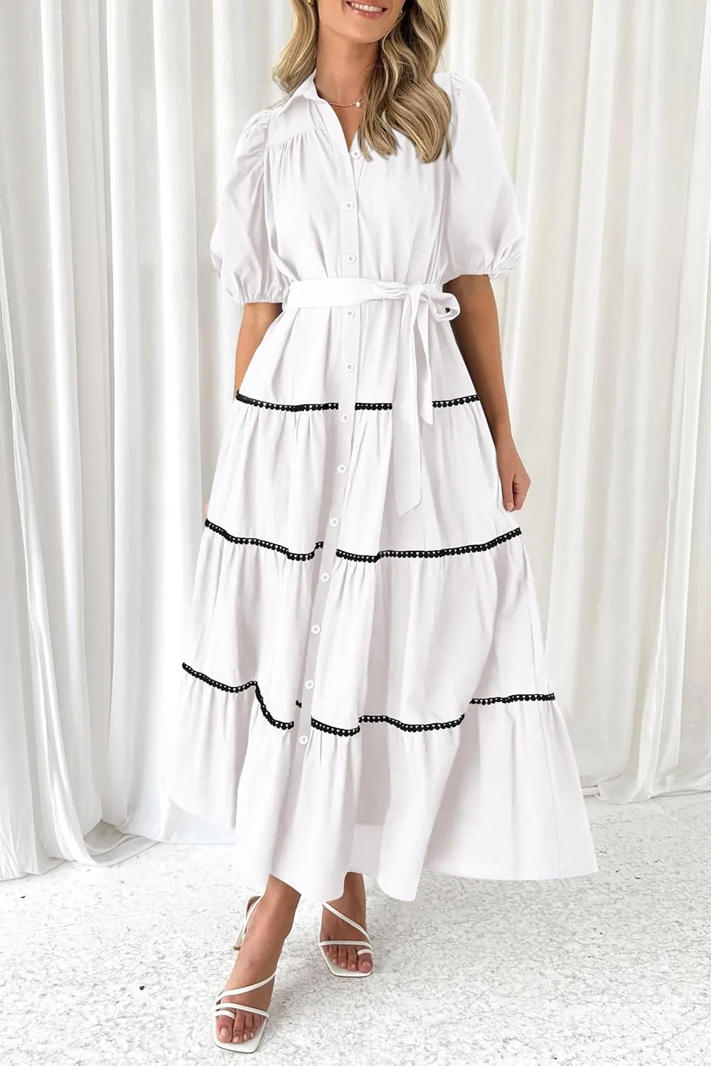 PRETTYGARDEN Women's Summer Button Down Shirt Dress Short Puffy Sleeve Tiered Ruffle Flowy Long Maxi Dresses