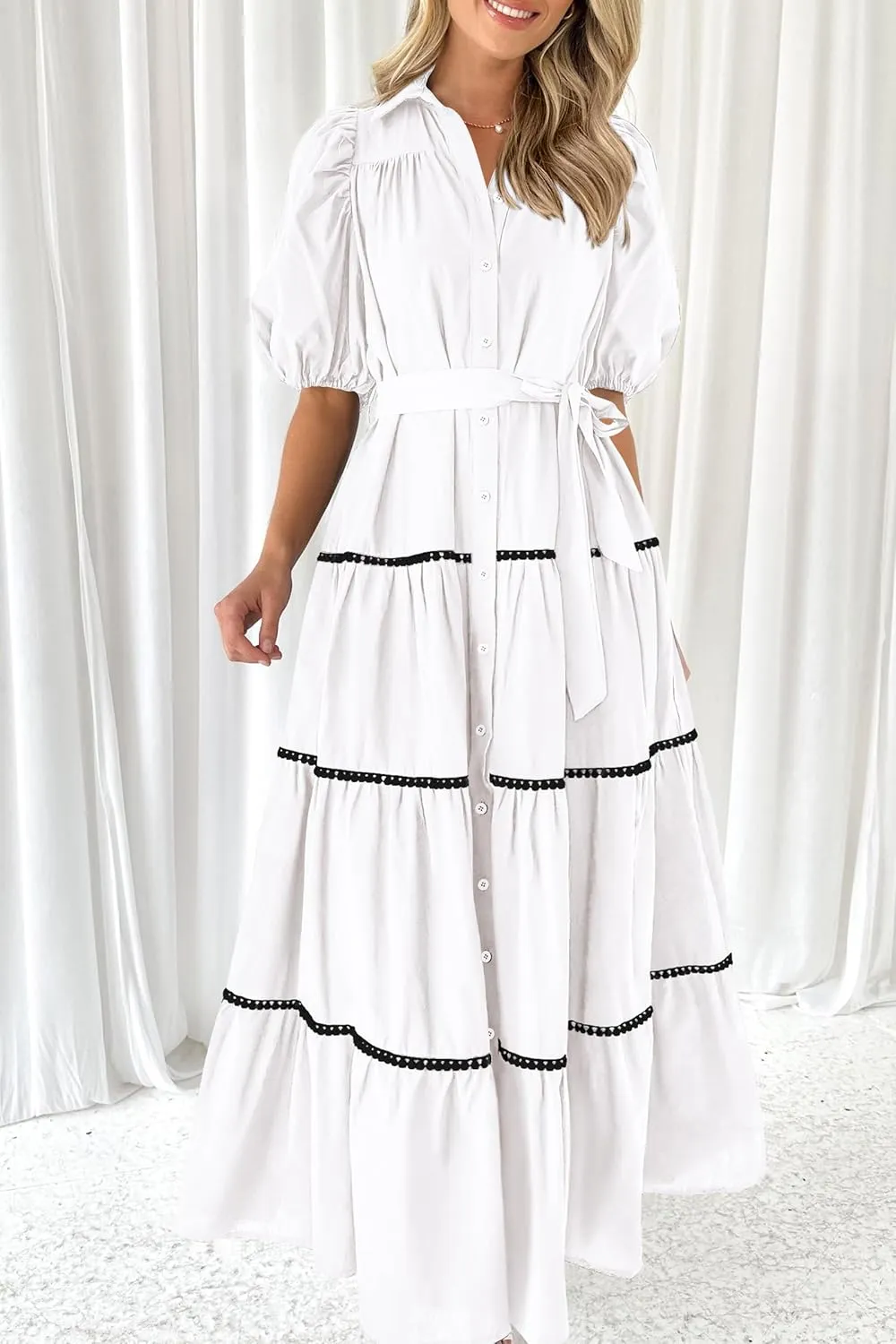 PRETTYGARDEN Women's Summer Button Down Shirt Dress Short Puffy Sleeve Tiered Ruffle Flowy Long Maxi Dresses
