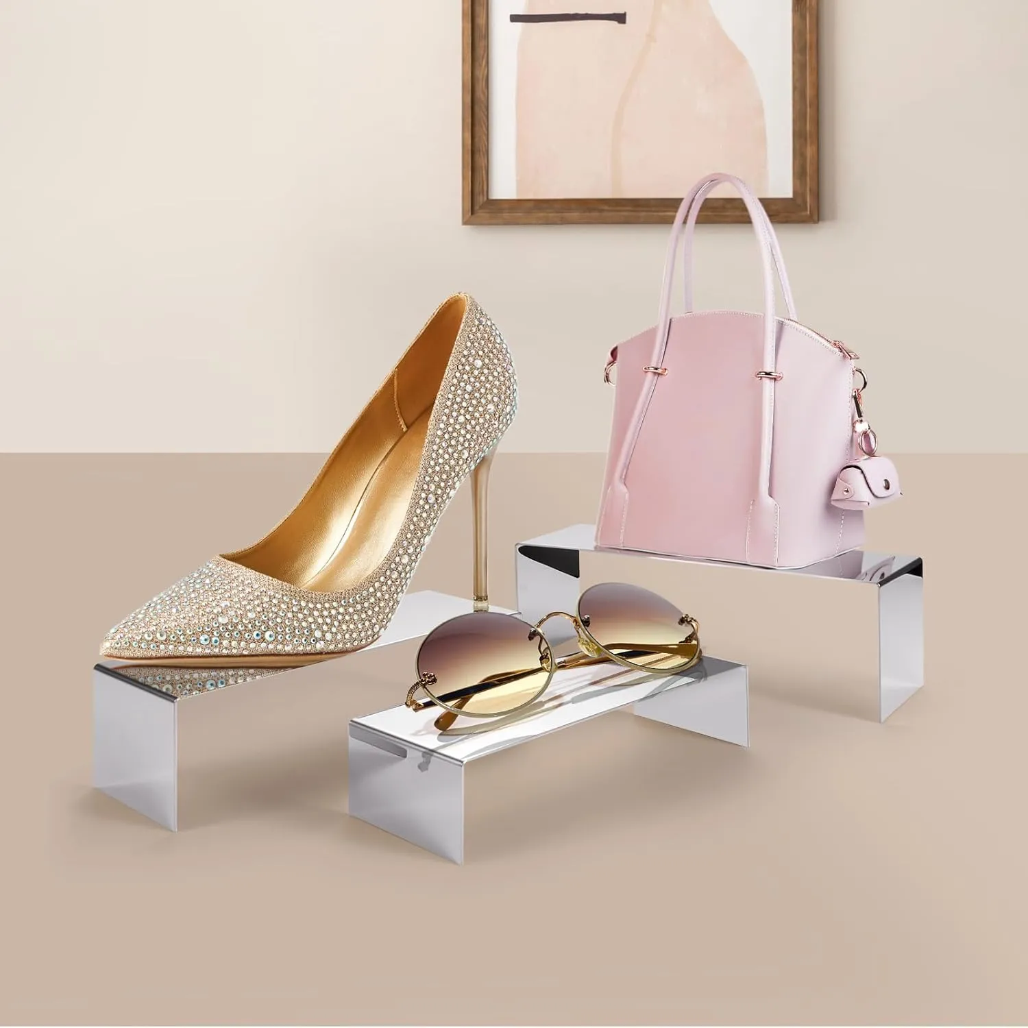 Purse Display Stand, 3 Pcs Large Stainless Steel Silver Risers Display Stands for Food, Dessert, Cupcake, Shoe, Jewelry, Handbag, Figure