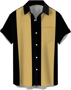 QIVICIMA Men's Retro Bowling Shirts 50s Vintage Button Down Color Block Active Shirts Flamingo Print