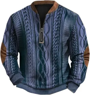 Quarter Zip Pullover Men Long Sleeve Retro 3D Pattern Western Sweatshirts Twist Knit Print Imitation Sweater Jumpers