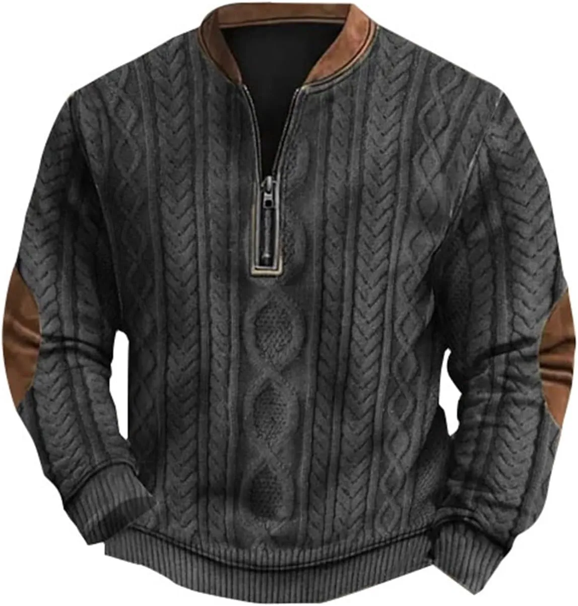 Quarter Zip Pullover Men Long Sleeve Retro 3D Pattern Western Sweatshirts Twist Knit Print Imitation Sweater Jumpers