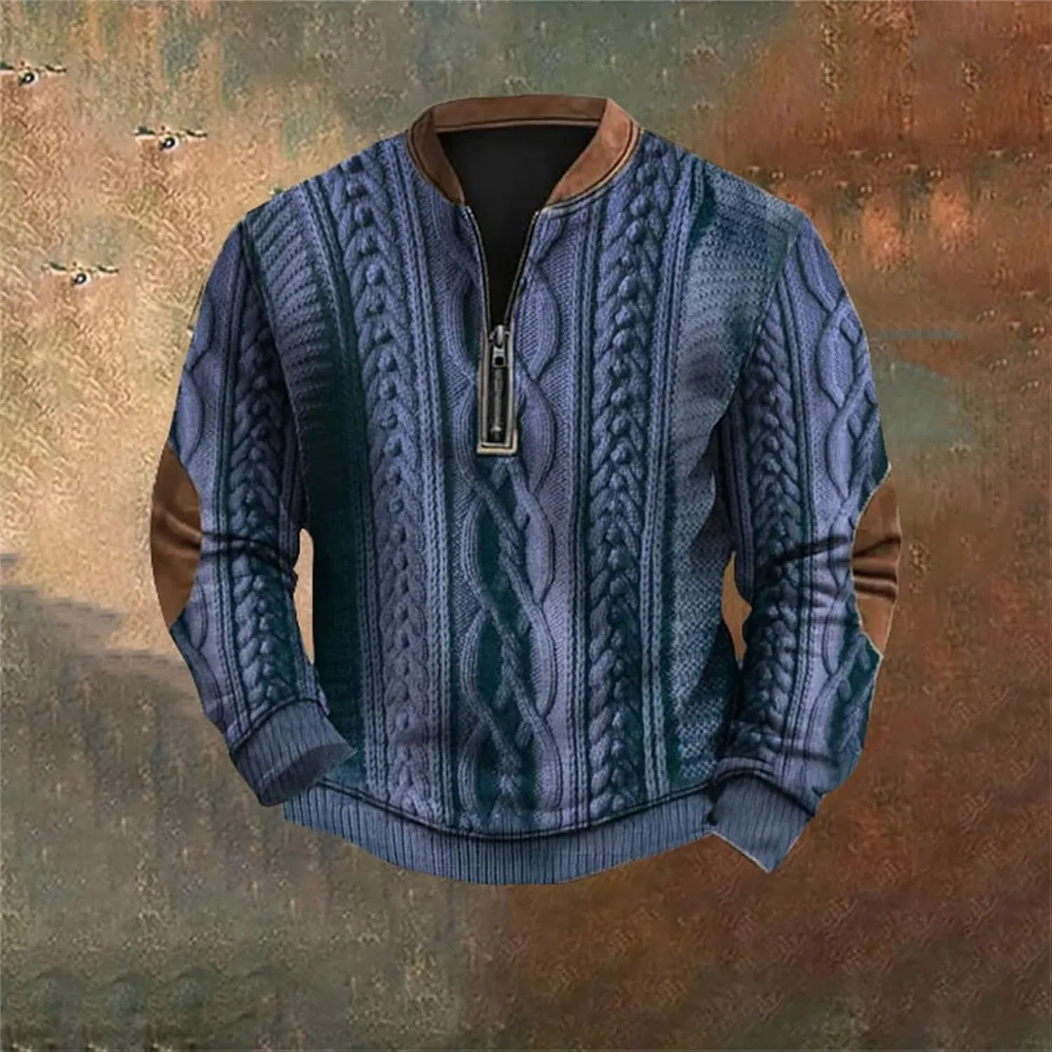 Quarter Zip Pullover Men Long Sleeve Retro 3D Pattern Western Sweatshirts Twist Knit Print Imitation Sweater Jumpers
