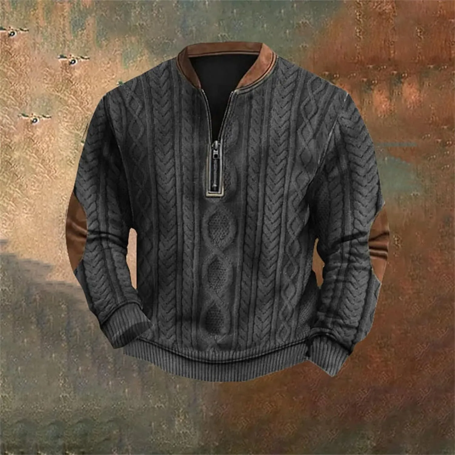 Quarter Zip Pullover Men Long Sleeve Retro 3D Pattern Western Sweatshirts Twist Knit Print Imitation Sweater Jumpers