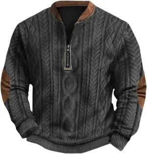 Quarter Zip Pullover Men Long Sleeve Retro 3D Pattern Western Sweatshirts Twist Knit Print Imitation Sweater Jumpers