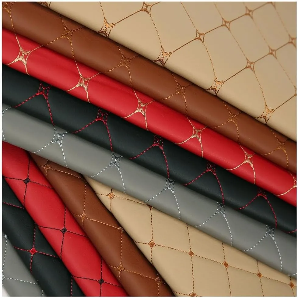 Quilted Faux Leather Vinyl PVC Fabric Waterproof Leatherette Diamond Stitch Padded Cushion Linen Wadding Canvas(Beige,1.4X7m)