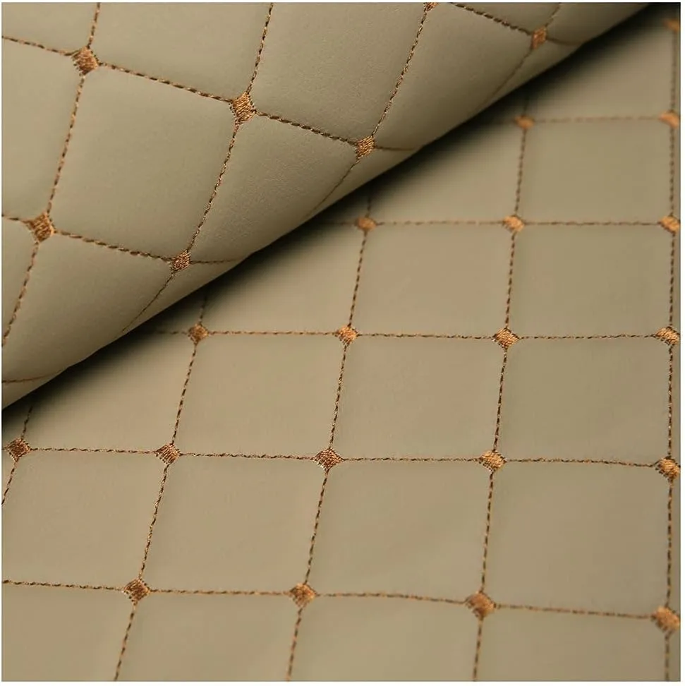 Quilted Faux Leather Vinyl PVC Fabric Waterproof Leatherette Diamond Stitch Padded Cushion Linen Wadding Canvas(Beige,1.4X7m)