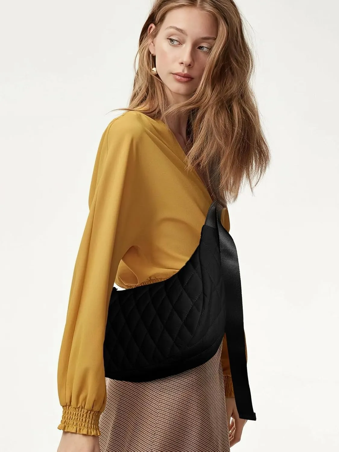 Quilted Puffer Crescent Bag Crossbody Bag for Women Carryall Handbags Lightweight Tote Bag Hobo Bag with Adjustable Strap
